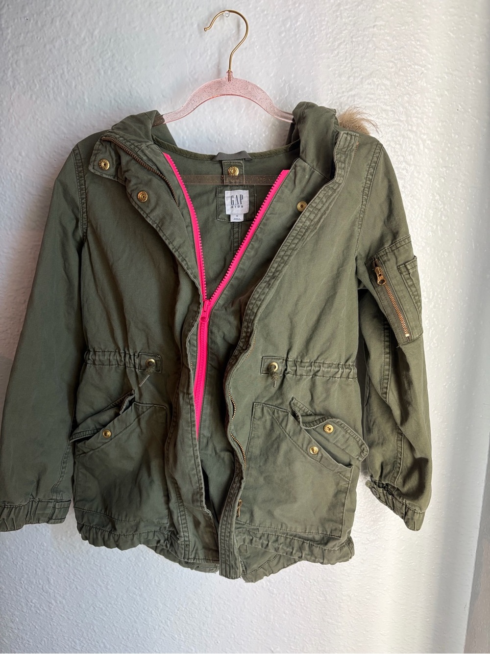 GAP Olive Green Hooded Jacket with Hot Pink Zipper